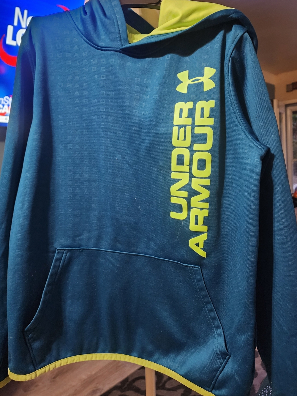 Under Armour Kid's Teal Hoodie with Lime Logo Sz YLrg